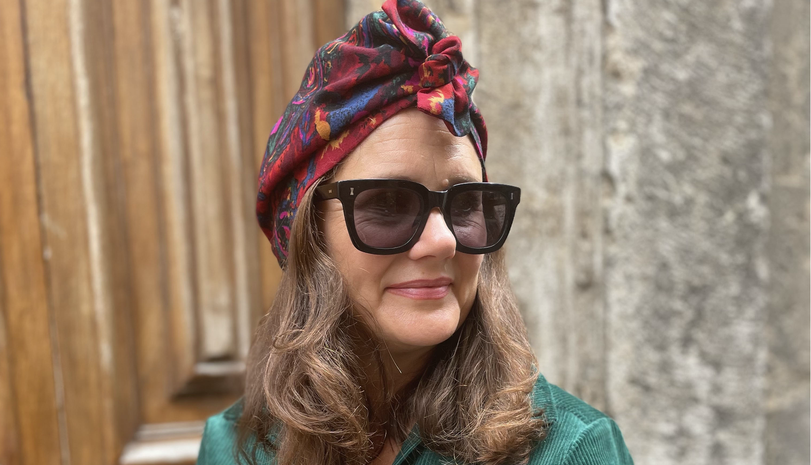 Woman wearing Silk & Lawn headwear